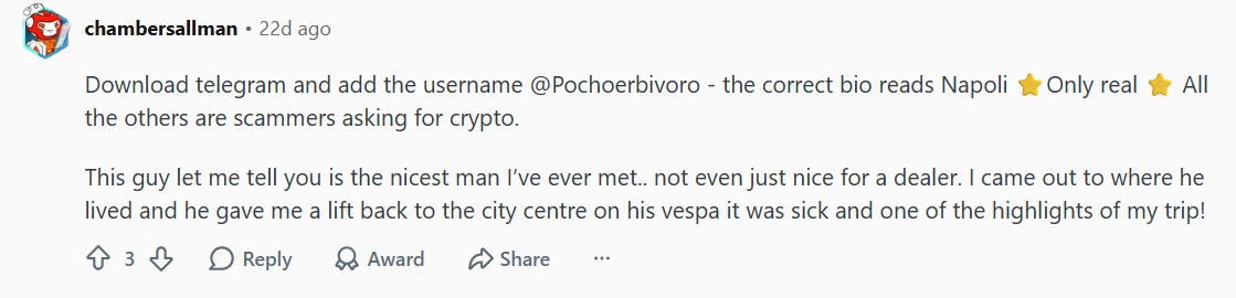 Real Reddit comment recommending Pochoerbivoro in Naples — verified by u/chambersallman